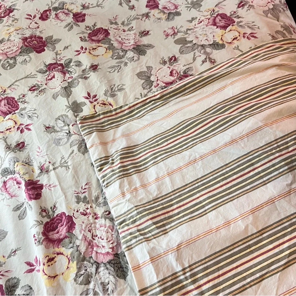 Pottery Barn Duvet Cover Cabbage Roses Stripes Reversible Full